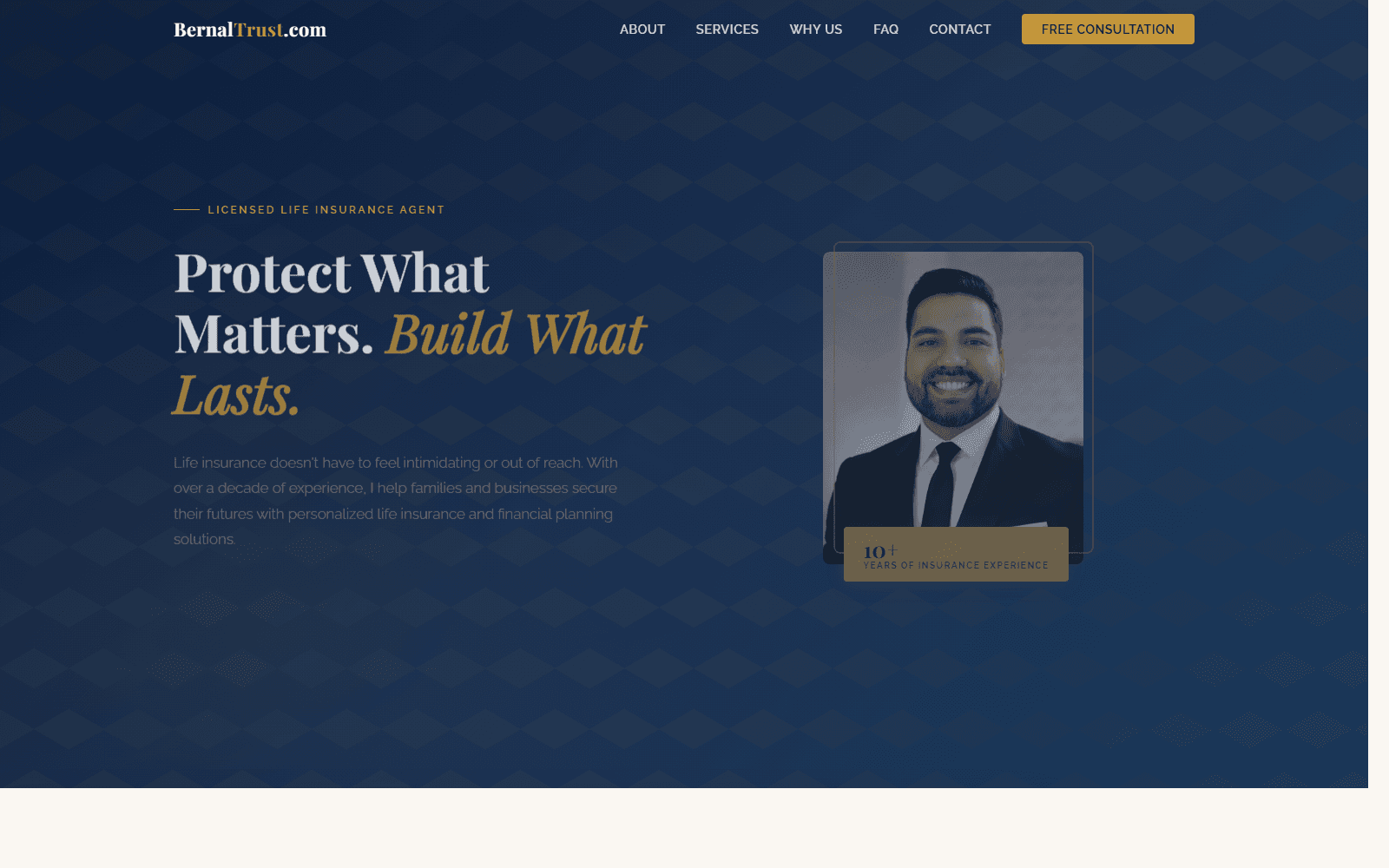 Bernal Trust homepage hero featuring founder Adrian Bernal and the tagline Protect What Matters. Build What Lasts.