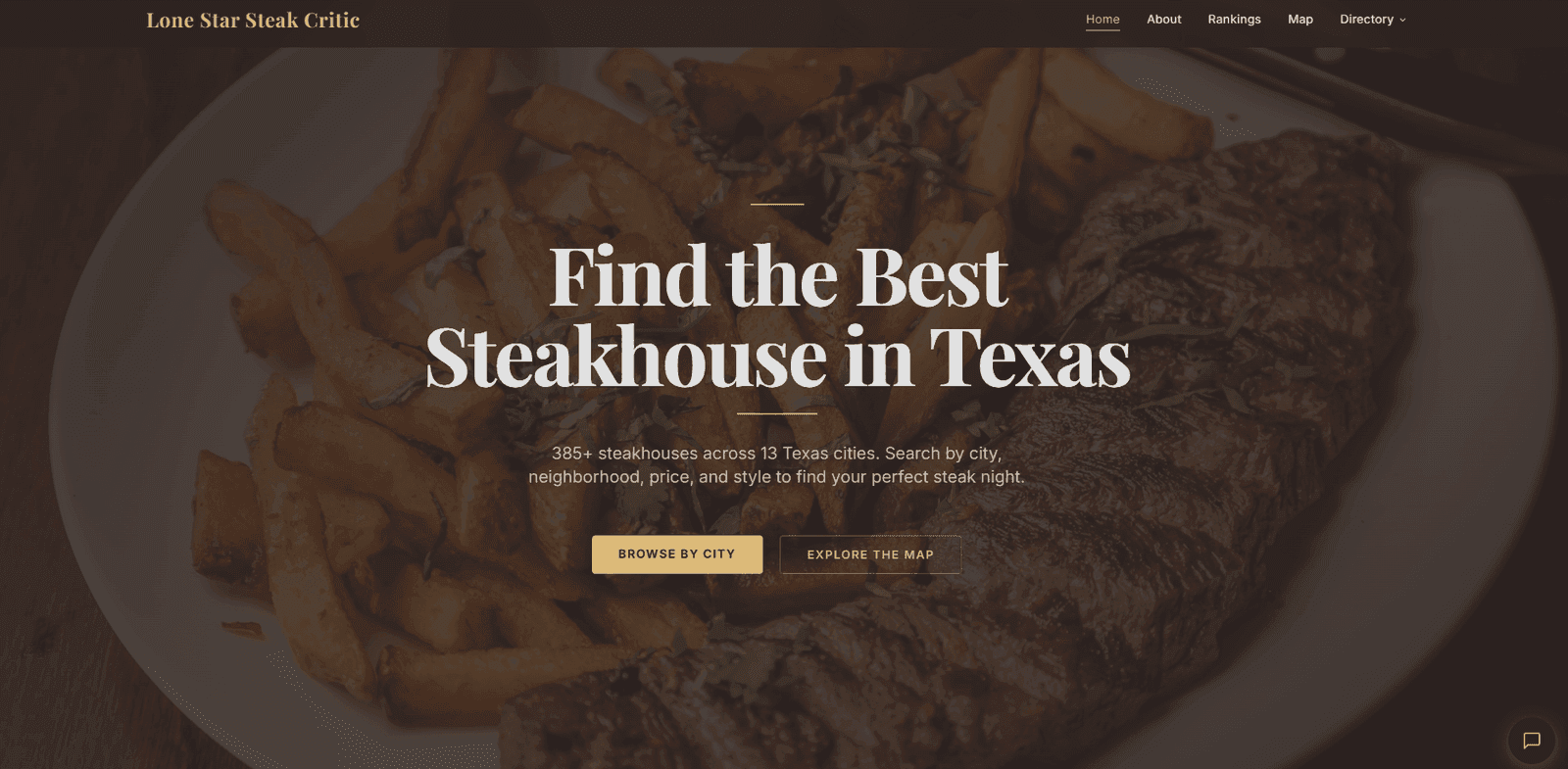 Lone Star Steak Critic city directory and review pages on desktop
